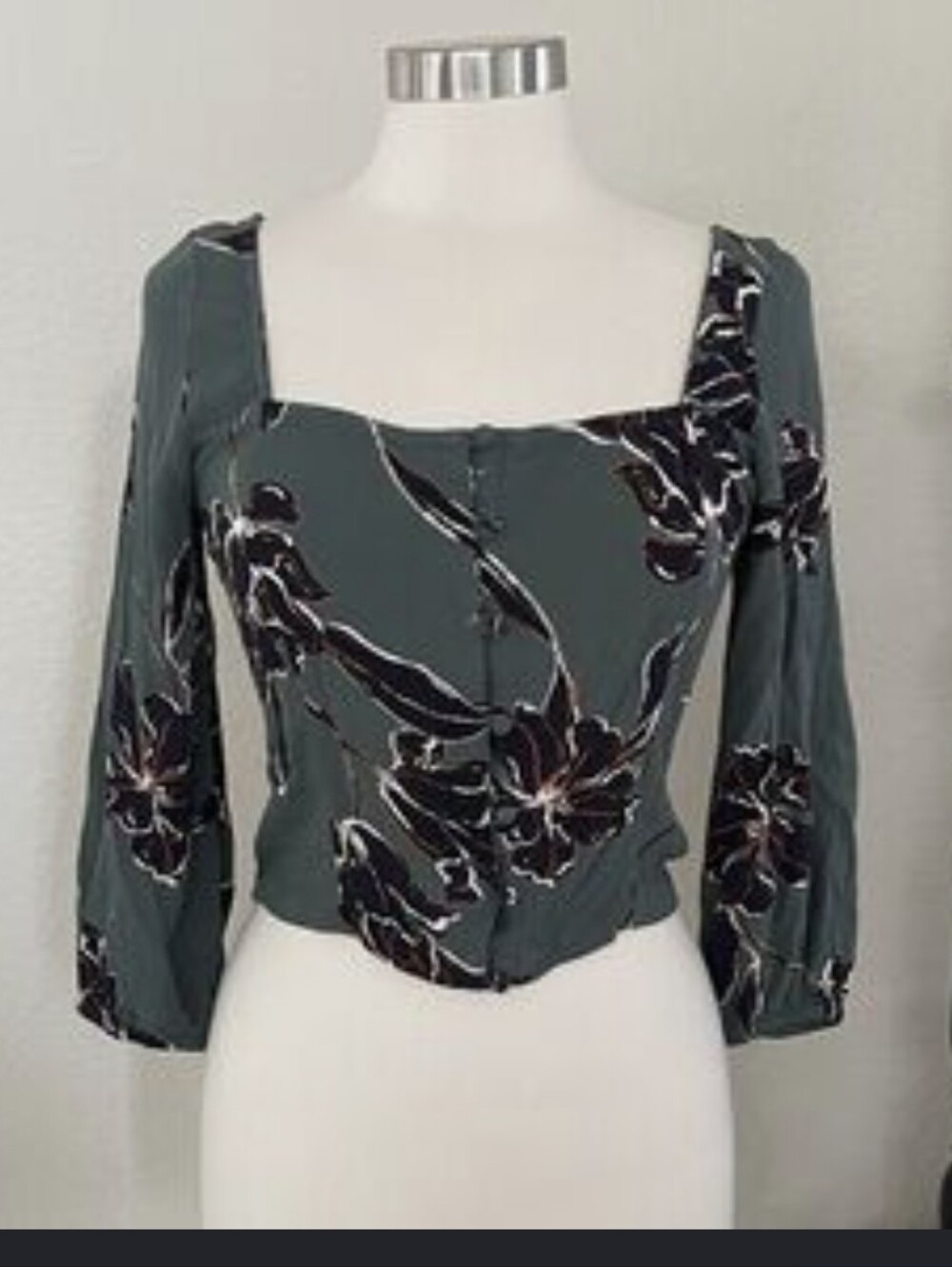 O'Neill Green Floral Square-Neck Peasant Top